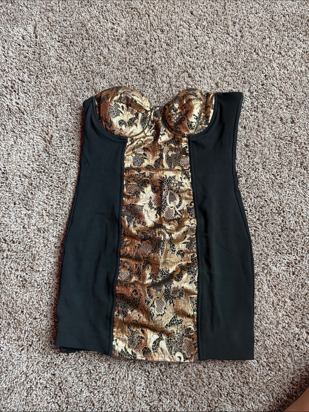 bebe Strapless Black Dress with Metallic Gold Animal-Print Center